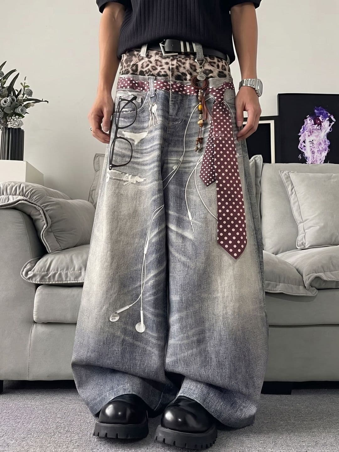 ANDREW HILL Men Wide Leg Mid-Rise Low Distress Light Fade Jeans - view 1