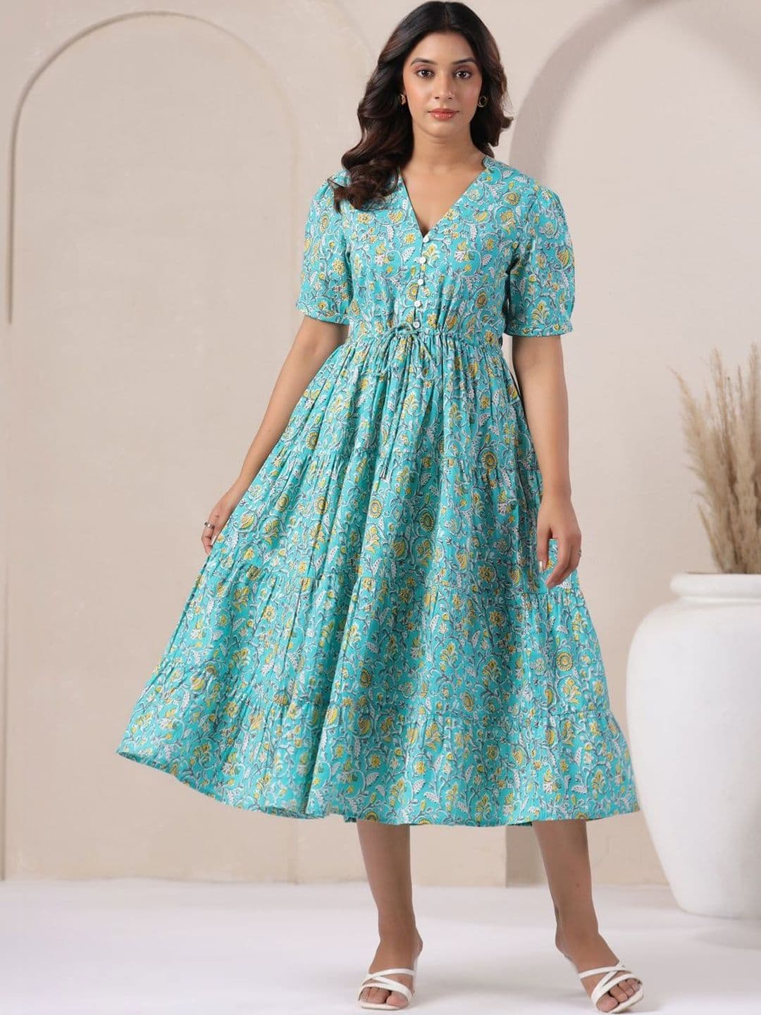 Twelve South Floral Print Puff Sleeve A-Line Midi Dress - view 1