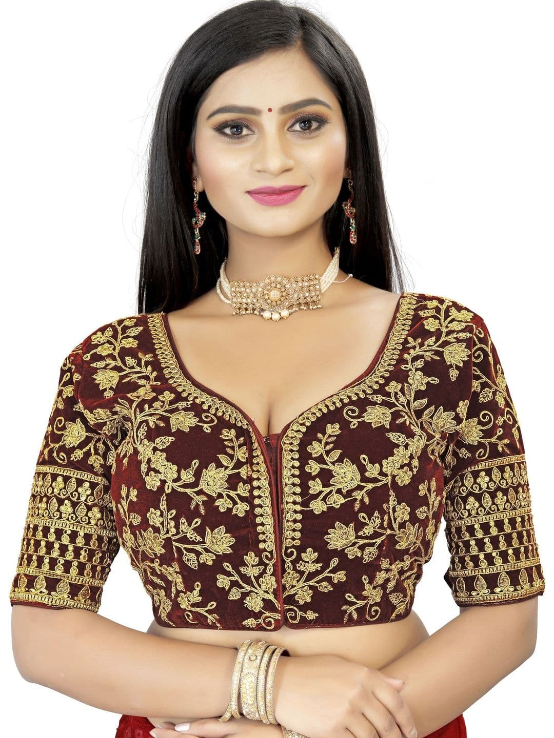 NAVKA FASHION Velvet Embroidered Zari Saree Blouse - view 1