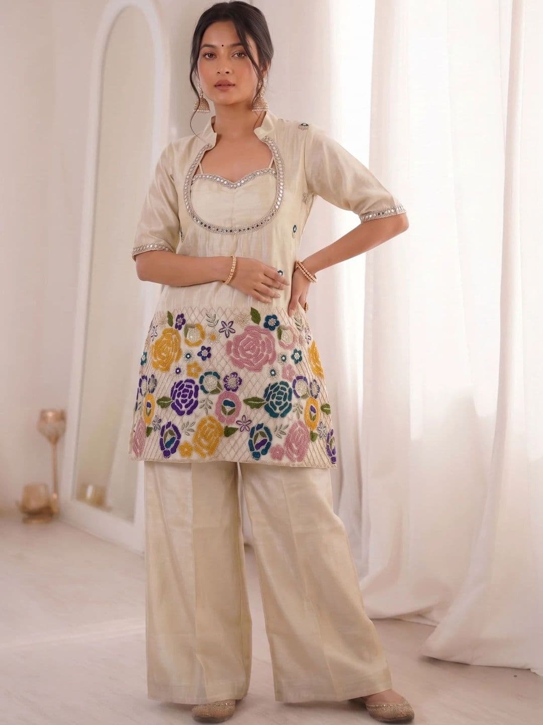 all about you Women Floral Embroidered Regular Mirror Work Kurta with Palazzos - view 1