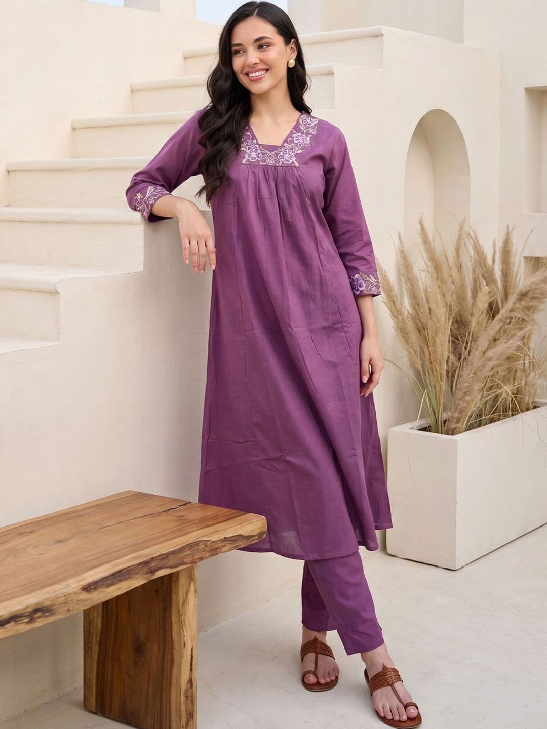 Indo Era Women Ethnic Motifs Embroidered Regular Thread Work Pure Cotton Kurta with Trousers - view 1
