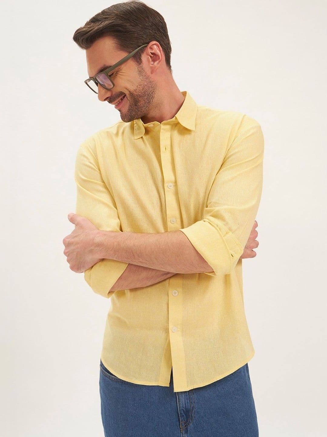 MOE&JEK Men Light Yellow Shirt Cotton Linen Relaxed Fit Casual Shirt - view 1