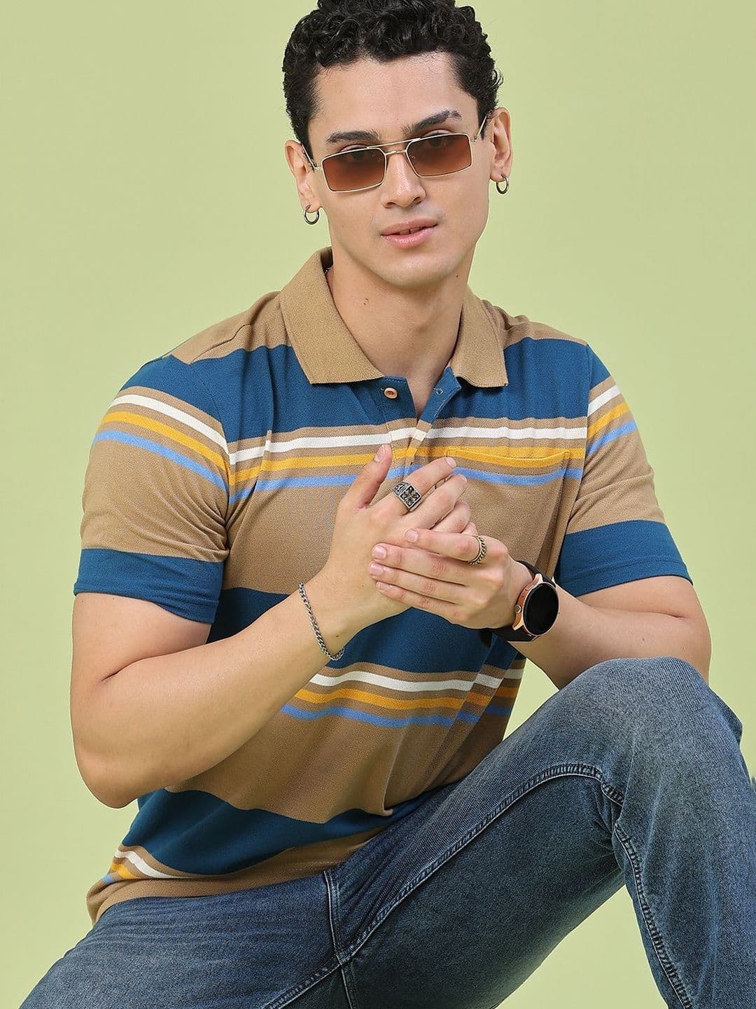 V-Mart Men Striped Polo Collar Pockets T-shirt - view 1