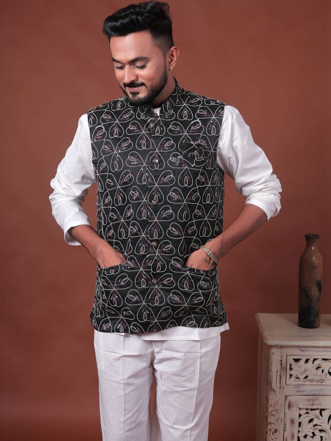 Varbandhan Embroidered Velvet Woven Nehru Jackets - view 1
