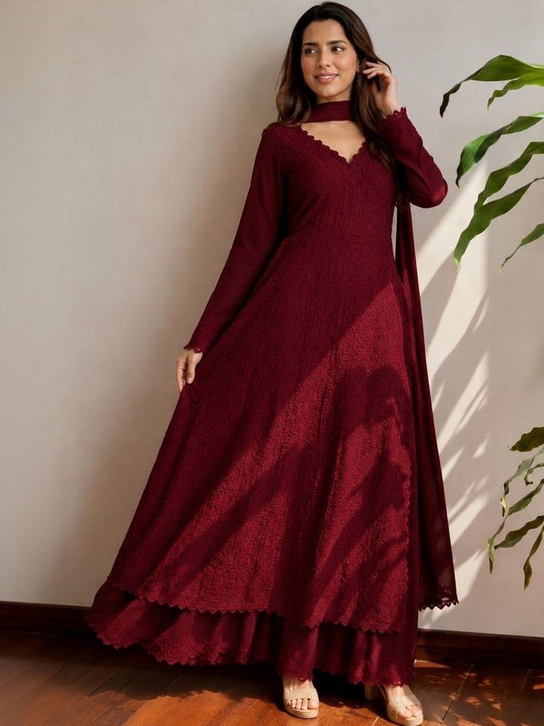 Maeswag Women Floral Embroidered Angrakha Thread Work Kurta with Palazzos & With Dupatta - view 1
