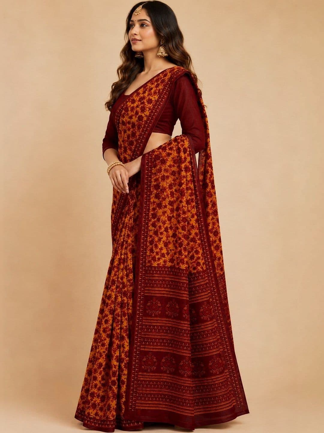 HERE&NOW X Minu Fashions Floral Pure Cotton Block Print Saree - view 1