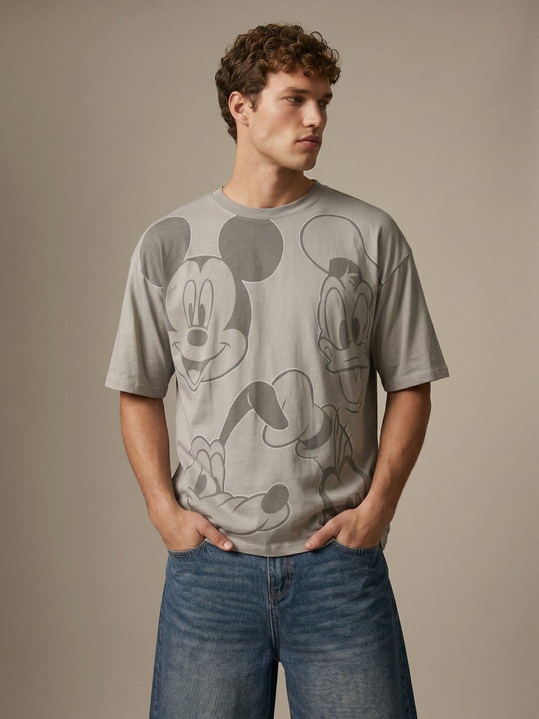 glitchez Mickey Mouse Printed Drop Shoulder Sleeves Pure Cotton Oversized T-Shirt - view 1