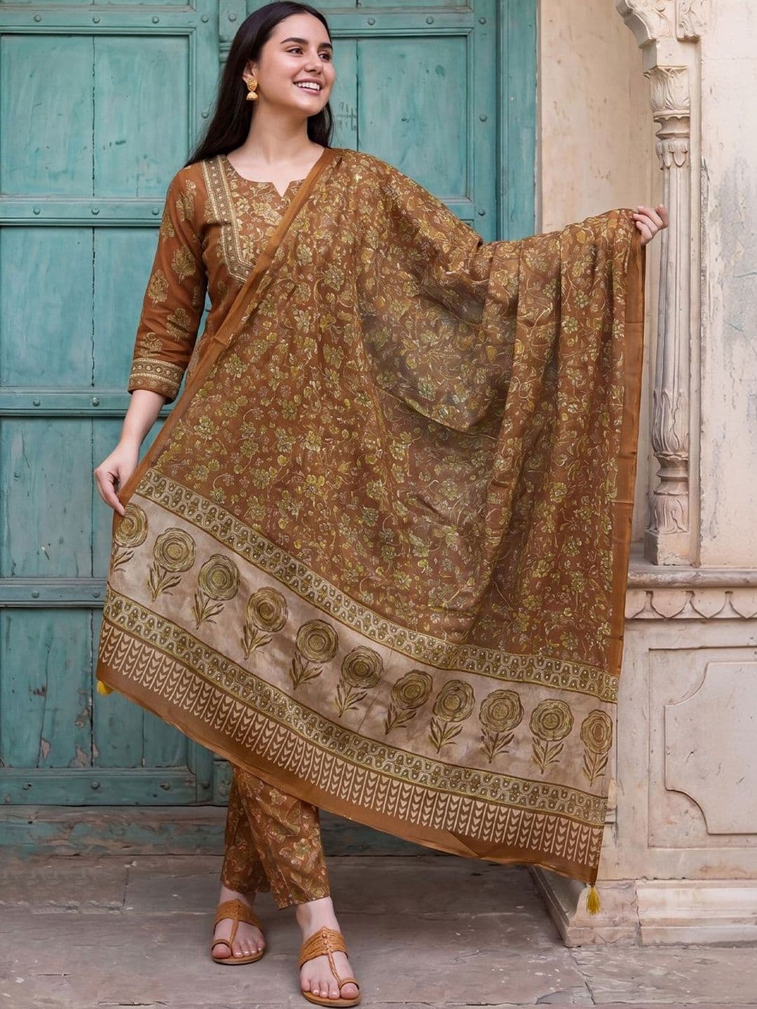 Indo Era Women Floral Printed Regular Pure Cotton Kurta with Trousers & With Dupatta - view 1