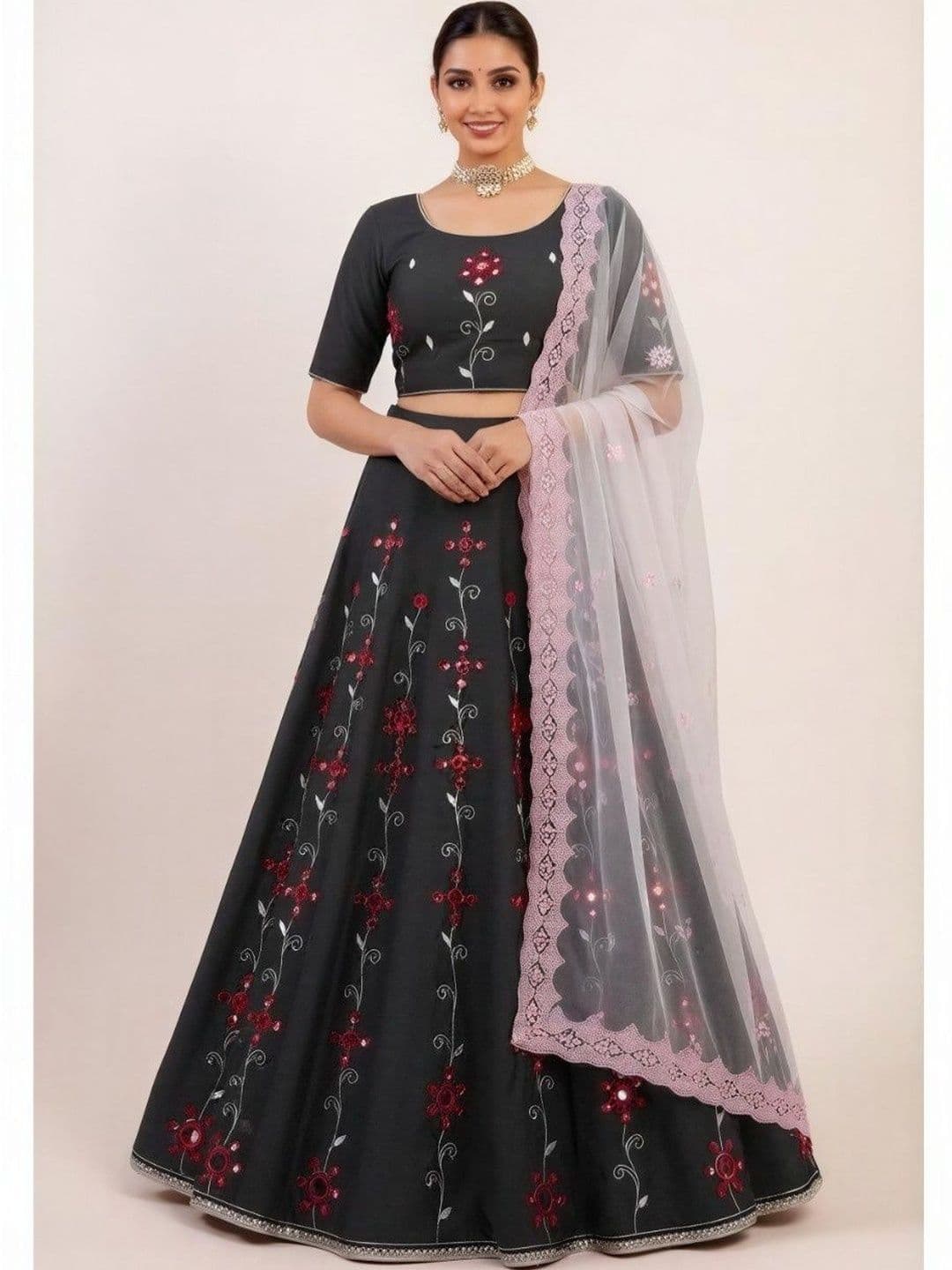 INDBERRY Embroidered Mirror Work Semi-Stitched Lehenga & Blouse With Dupatta - view 1