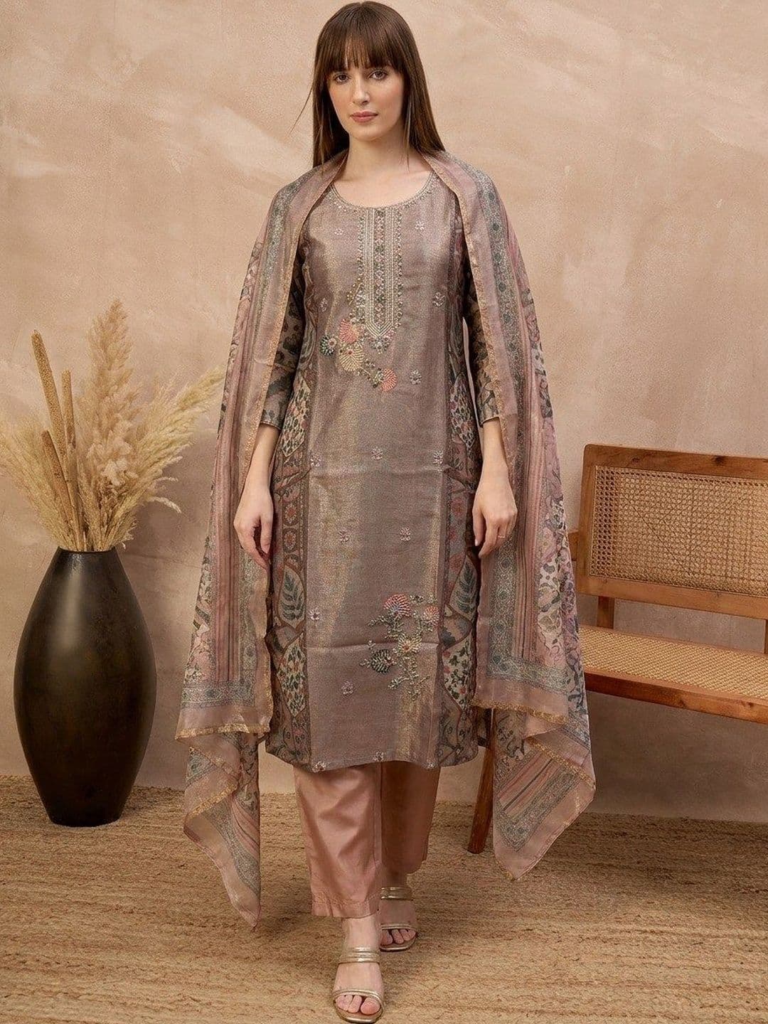 all about you Women Ethnic Motifs Embroidered Regular Thread Work Linen Kurta with Trousers & With Dupatta - view 1