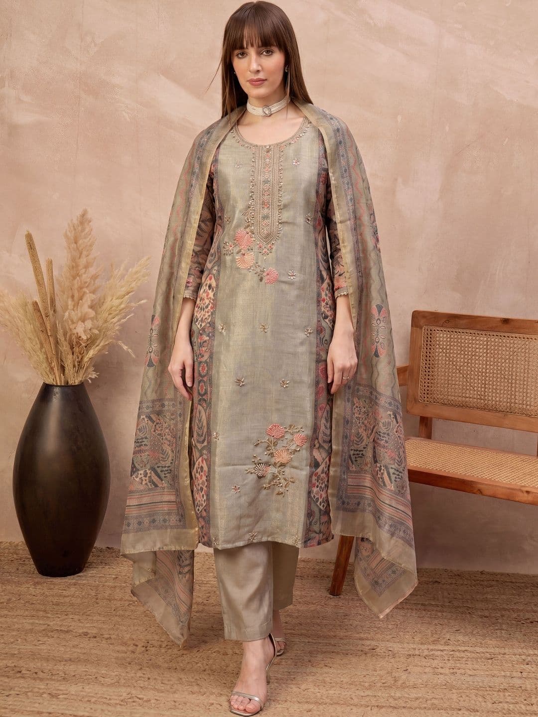 all about you Women Ethnic Motifs Embroidered Regular Thread Work Linen Kurta with Trousers & With Dupatta - view 1