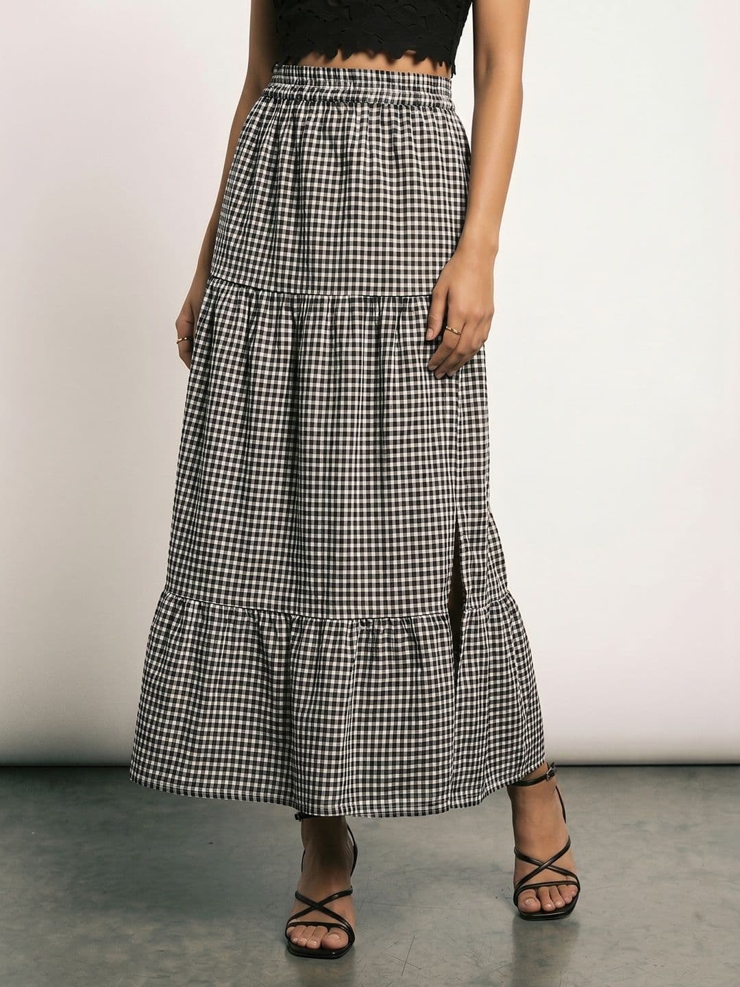 Phosphorus Women Checked Slits Maxi Tiered Skirt - view 1