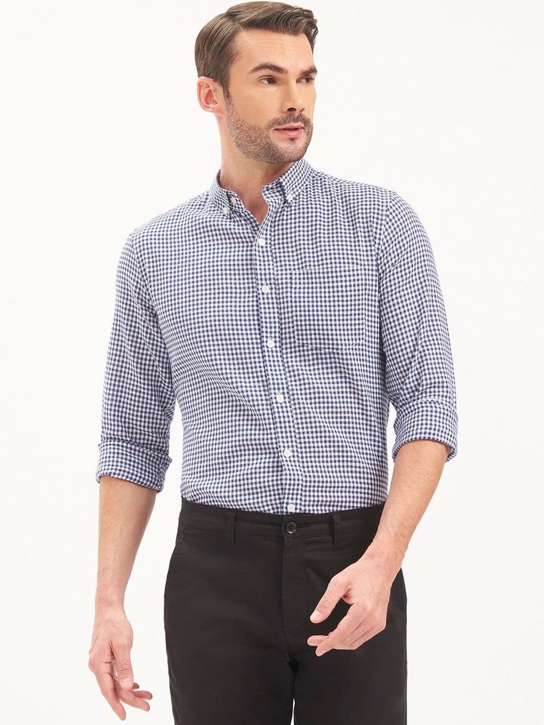MOE&JEK Men Blue & White Check Cotton Casual Button Down Shirt - view 1