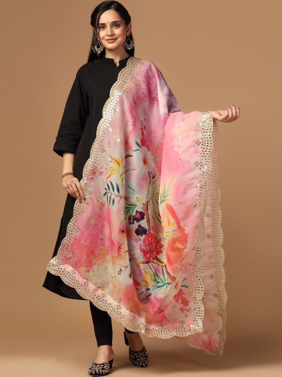 KAHIRAA WHOLETEX Printed Organza Dupatta with Mirror Work - view 1
