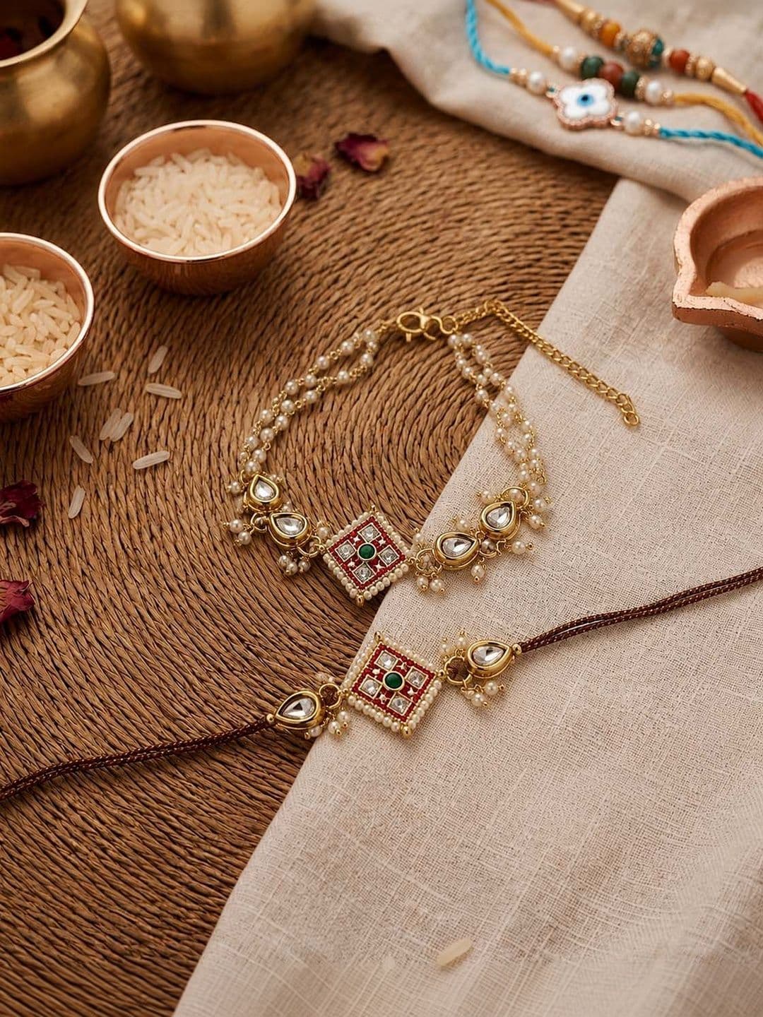 SHONA'S STYLE Zircon Thread and Bracelet Bhaiya Bhabhi Rakhi Set with Roli Chawal - view 1