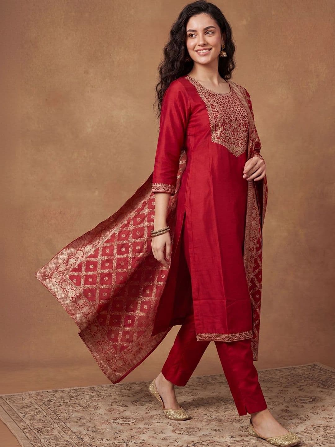 Indo Era Women Ethnic Motifs Embroidered Regular Kurta with Trousers & With Dupatta - view 1