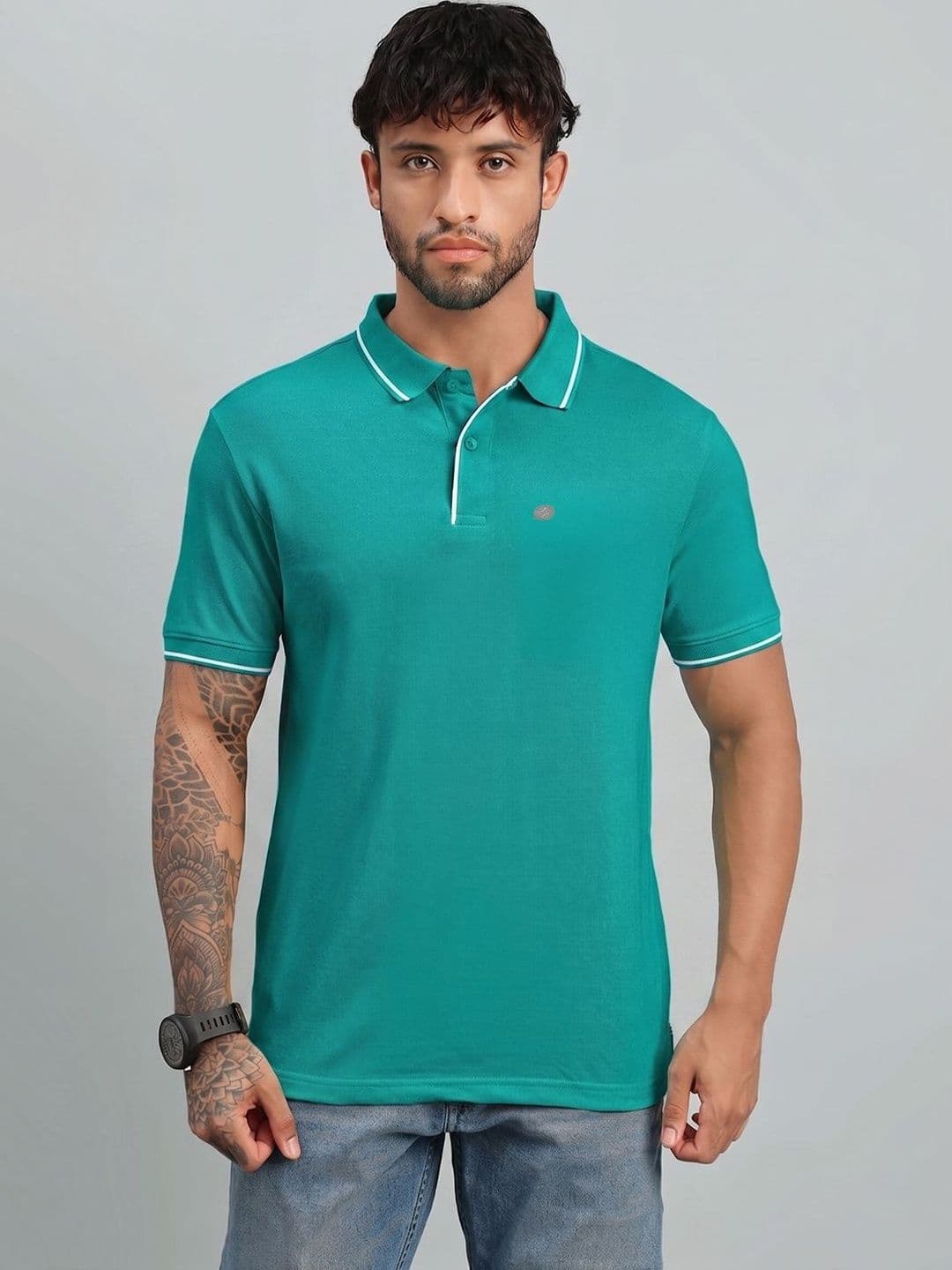 LUX NITRO Solid Cotton Blend Ribbed Sleeve Side Slit Polo T Shirt - view 1