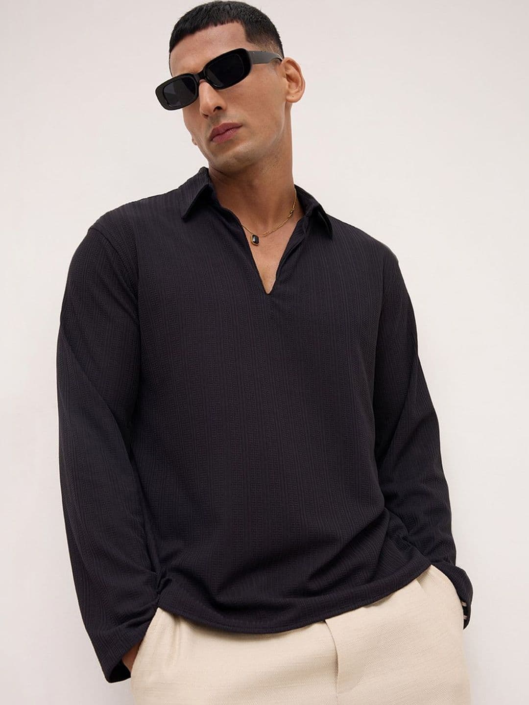 VASTRADO Black Linework Airknit Oversized Polo Shirt - view 1
