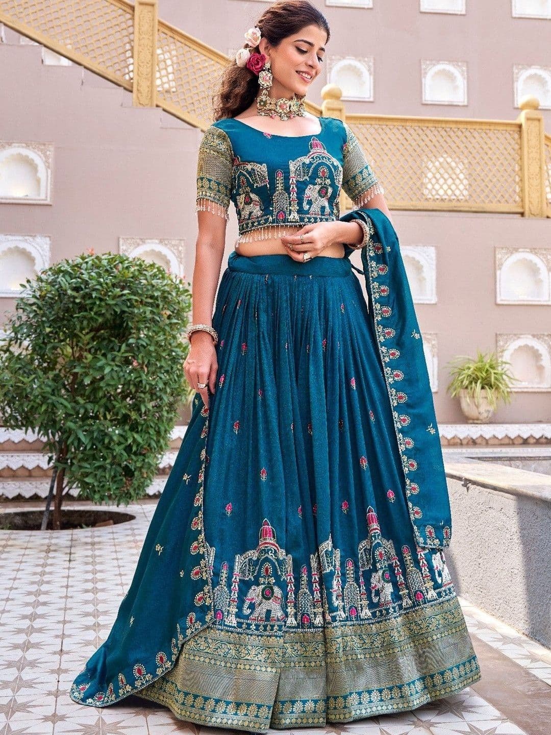 HERE&NOW Embroidered Thread Work Ready to Wear Lehenga & Blouse With Dupatta - view 1