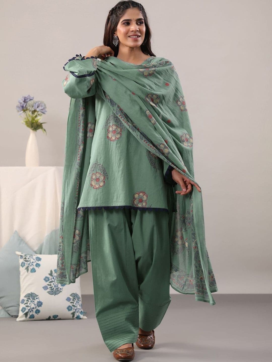 Rimeline Women Floral Printed Regular Pure Cotton Kurta with Patiala & With Dupatta - view 1