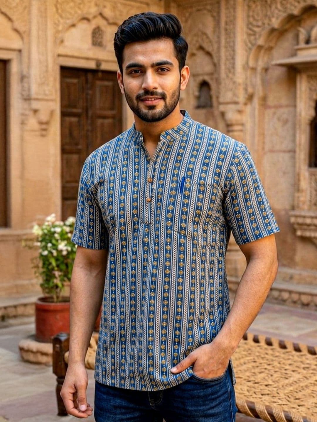 Avishya Men Ethnic Motifs Mandarin Collar Printed Pure Cotton Indie Prints Kurta - view 1