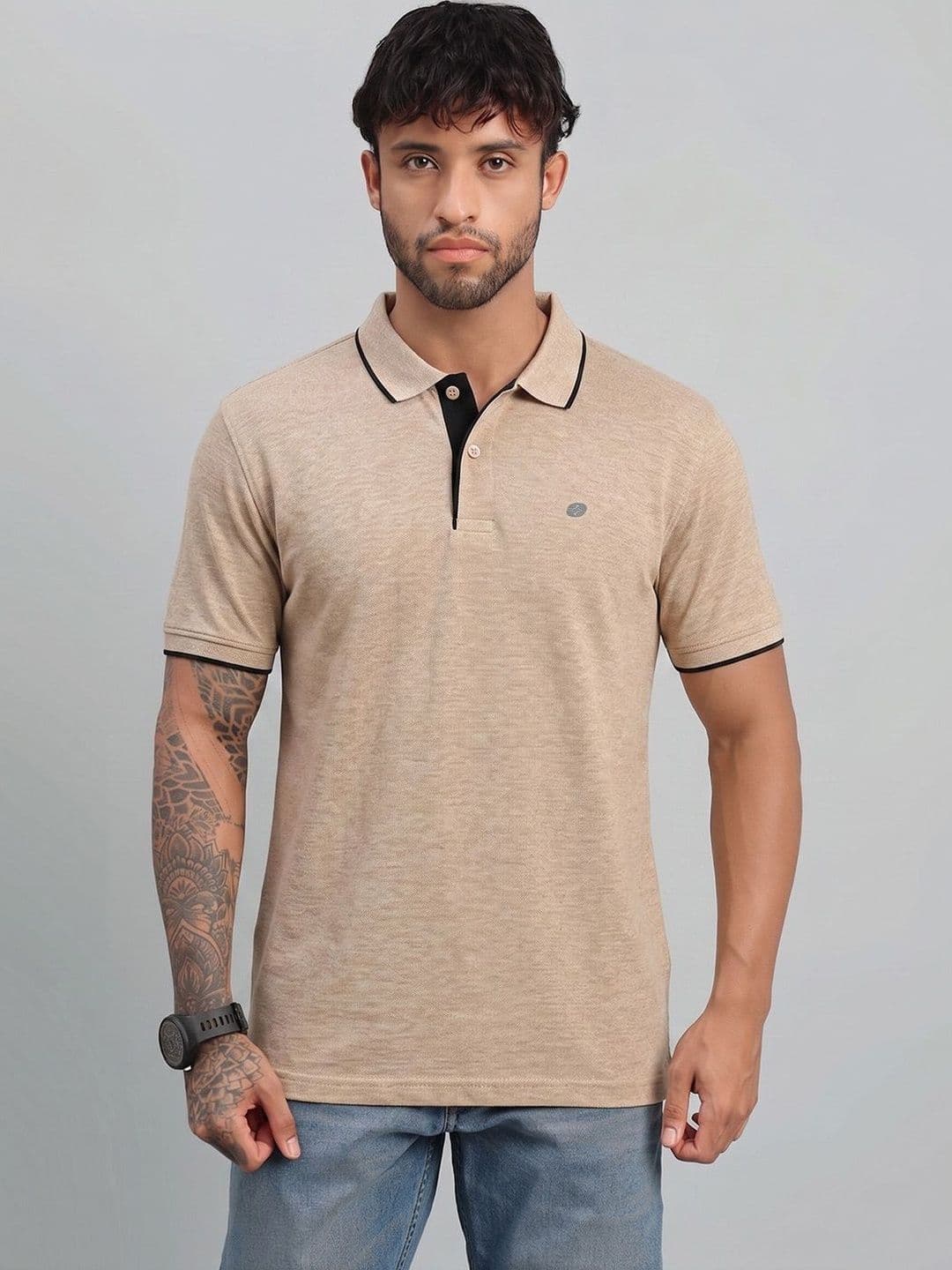 LUX NITRO Solid Cotton Blend Ribbed Sleeve Side Slit Polo T Shirt - view 1