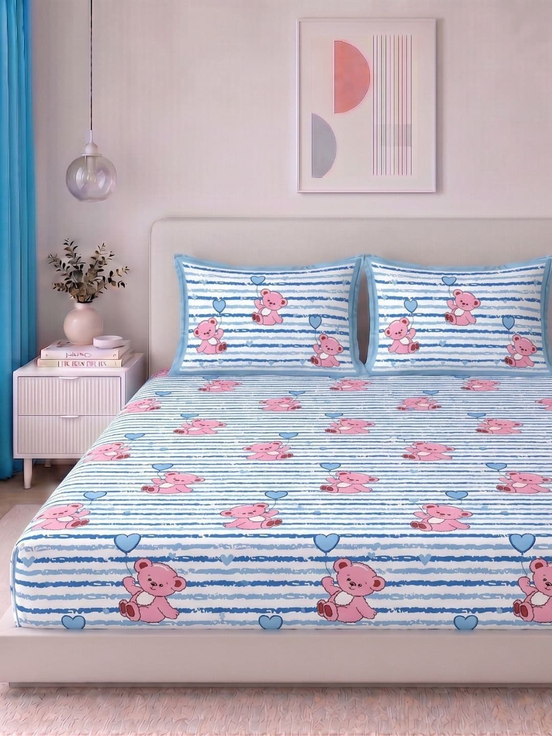 VAASINI Blue & Pink Cartoon Characters 210 TC Bedsheet with 2 Pillow Covers - view 1