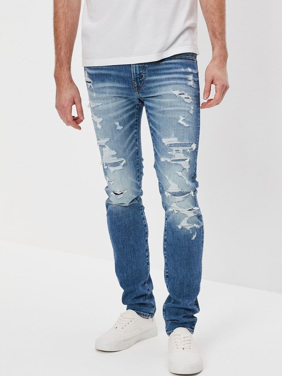AMERICAN EAGLE OUTFITTERS American Eagle Men Blue AirFlex+ Patched Skinny Jeans - view 1