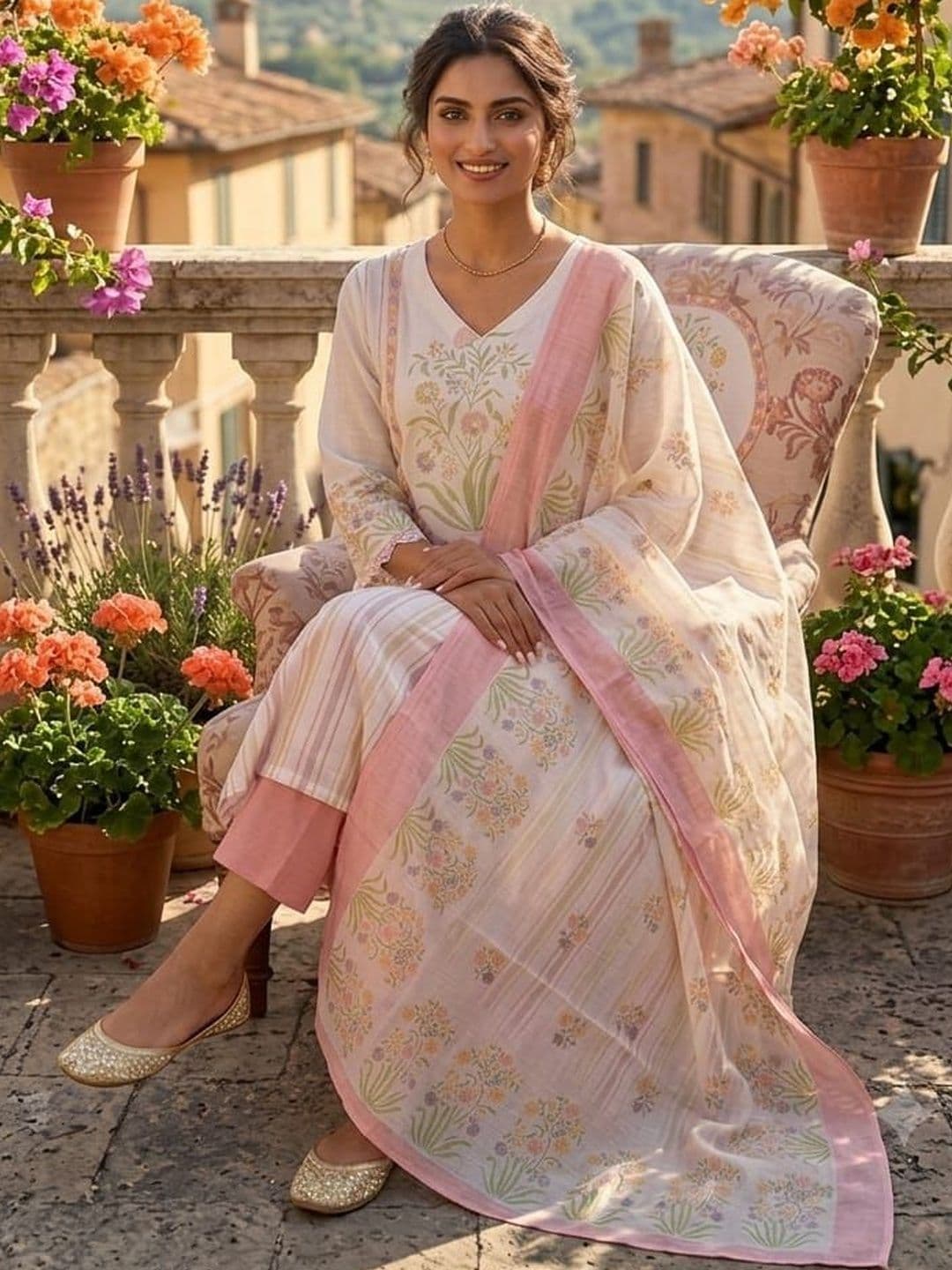 STYLE SAMSARA Women Floral Printed Regular Aari Work Linen Kurta with Palazzos & With Dupatta - view 1