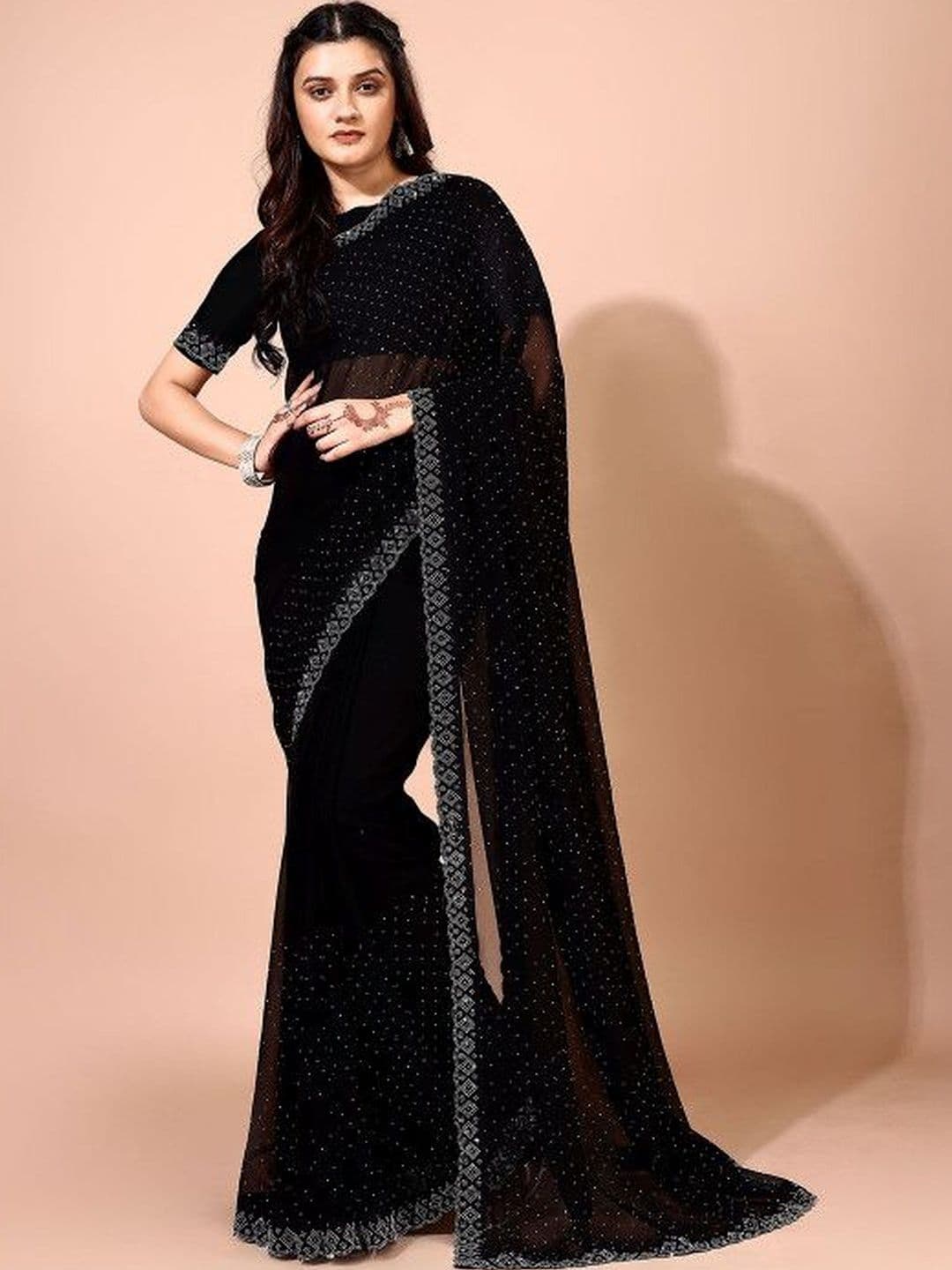 Leelavati Women Embellished Beads and Stones Pure Chiffon Saree - view 1