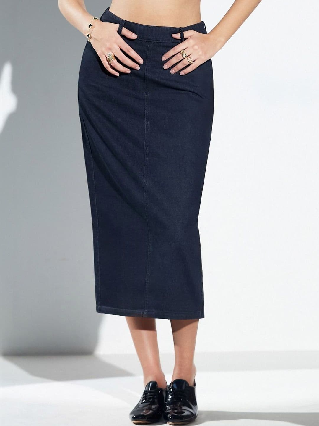 Miss Chase Women High-Rise Straight Fit Denim Midi Skirt with Zip Closure & Back Slit - view 1