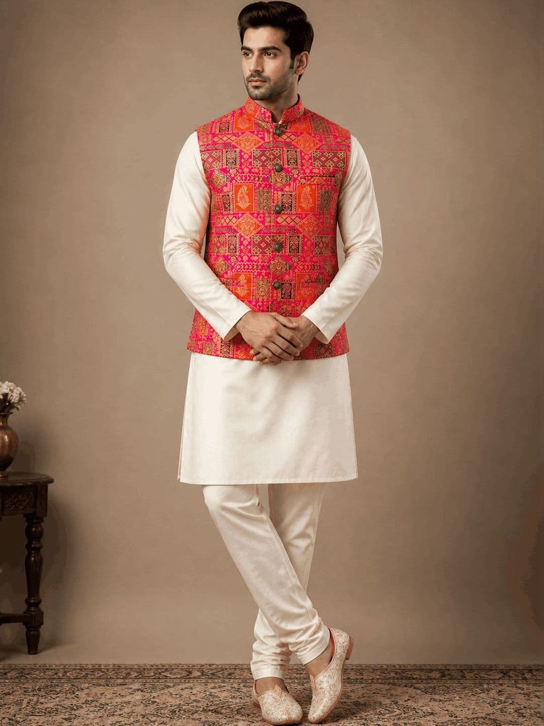 MODERN MUGHALS Woven Design Banarasi Silk Nehru Jacket - view 1
