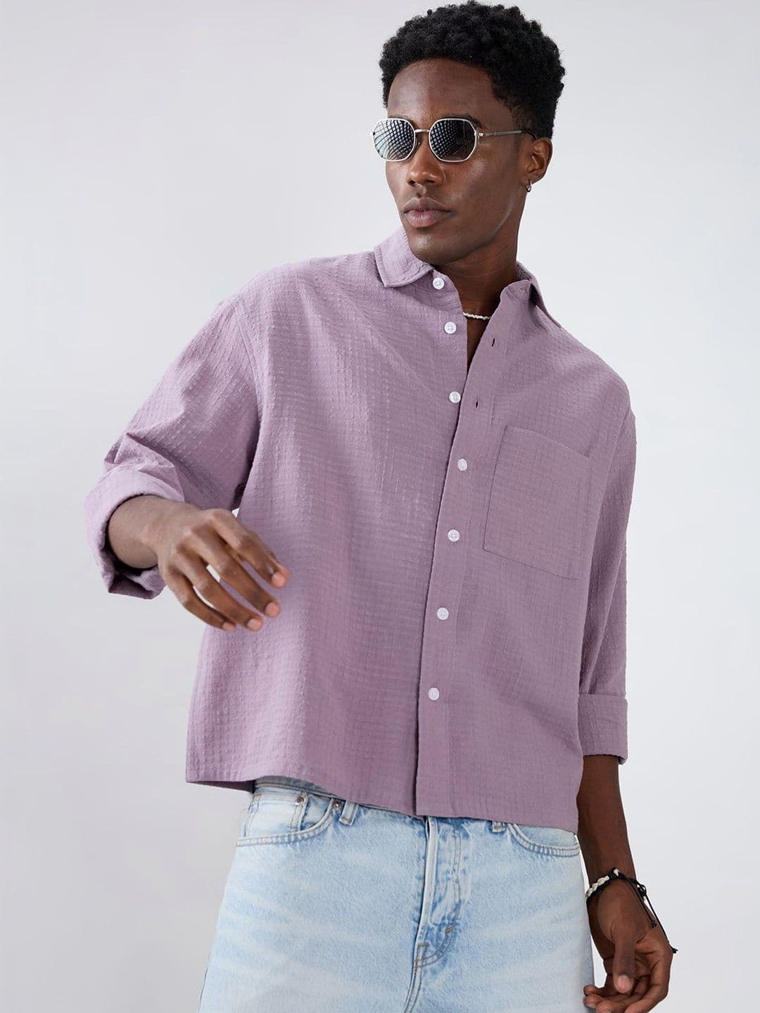 VASTRADO Soft Mauve Micro Grid Jacquard Weave Boxy Fit Crop Shirt - view 1