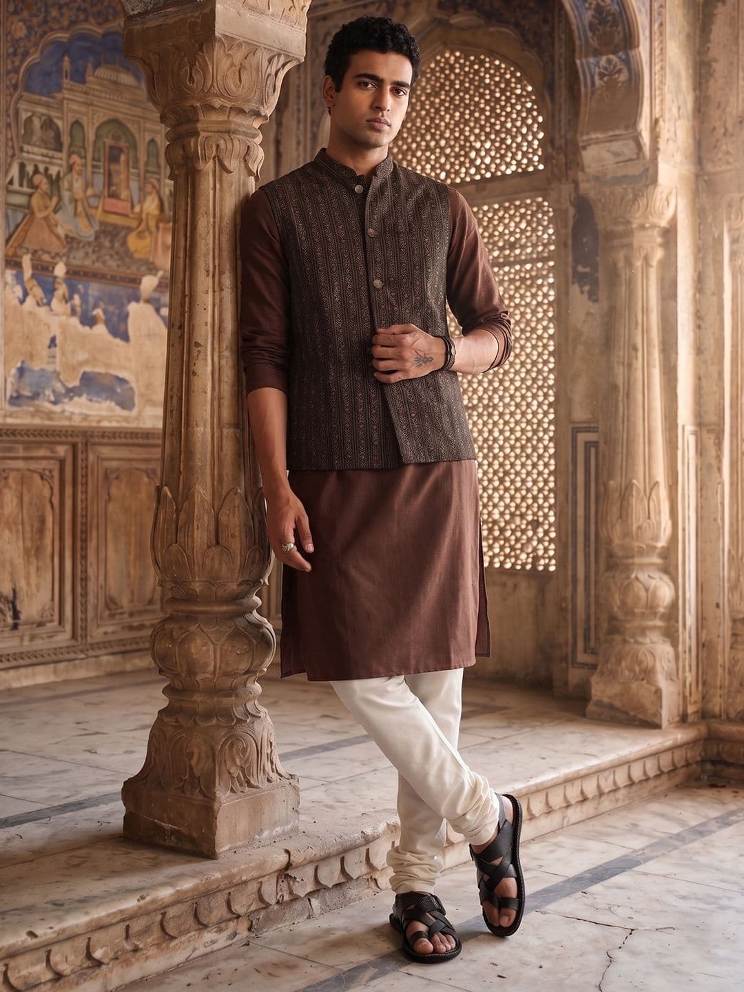 Taavi Ethnic Motifs Printed Mandarin Collar Gold Khari Nehru Jackets - view 1