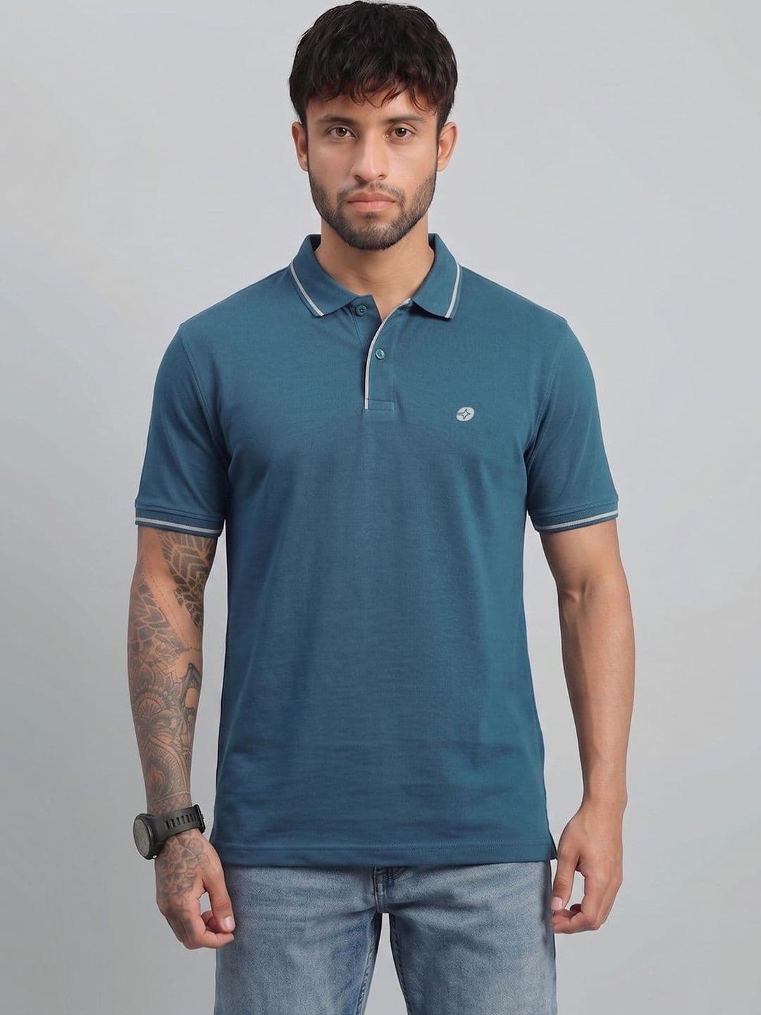 LUX NITRO Solid Cotton Blend Ribbed Sleeve Side Slit Polo T Shirt - view 1