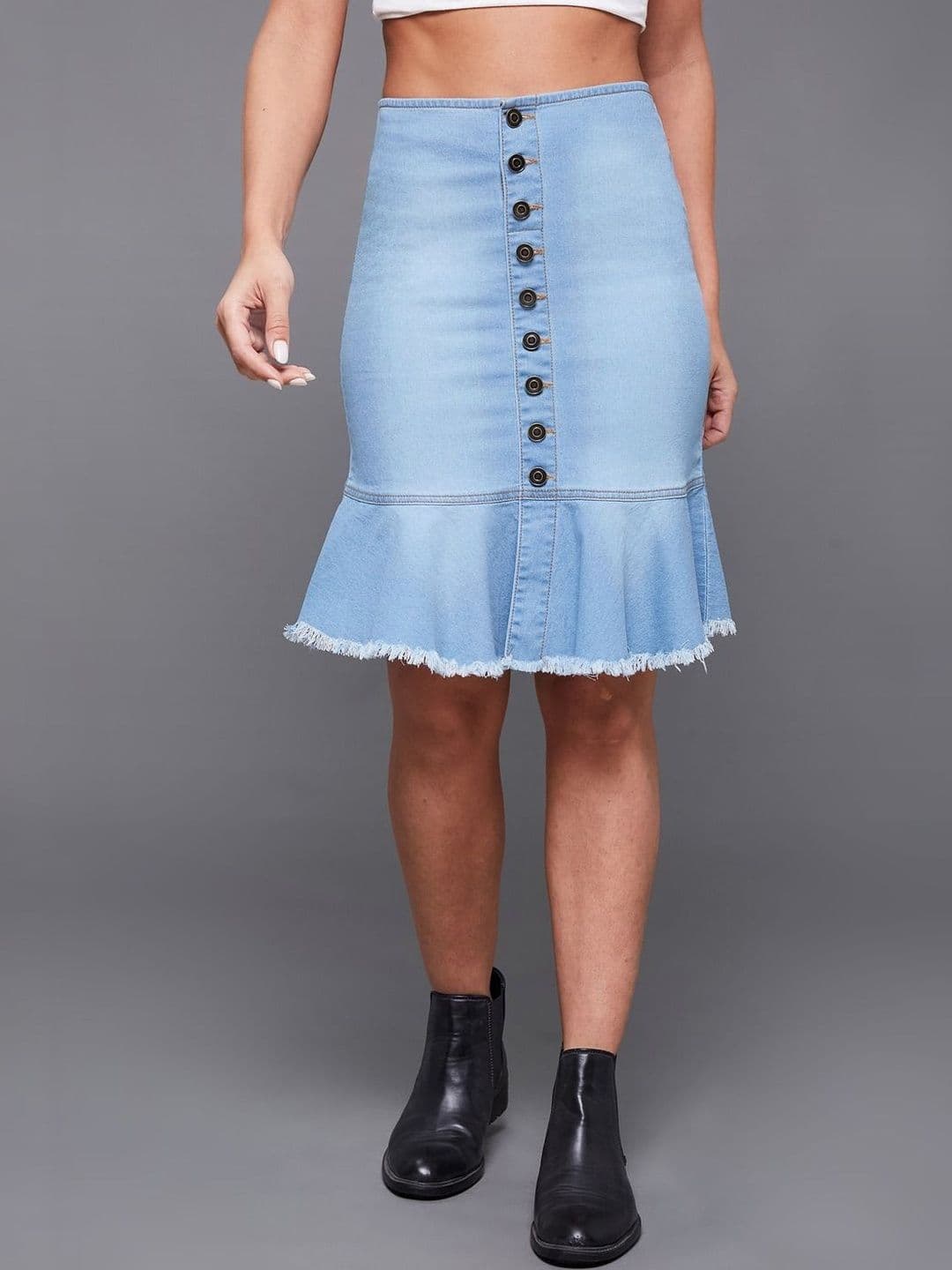 Miss Chase Women Regular Fit Mid Rise Clean Look Midi Light Weight Denim Skirt - view 1