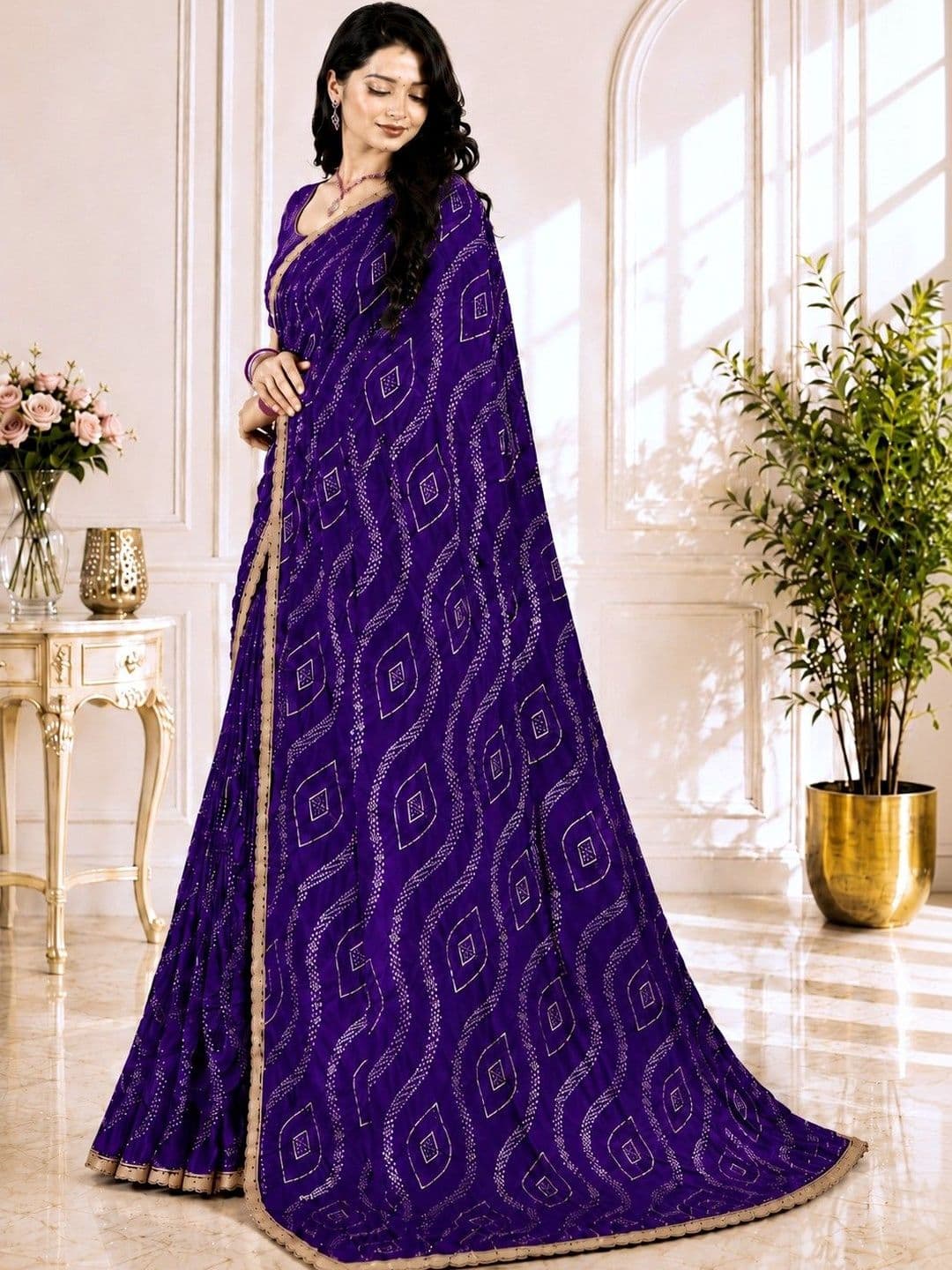 R K CREATION Bandhani Embroidered Satin Designer Bandhani Saree - view 1
