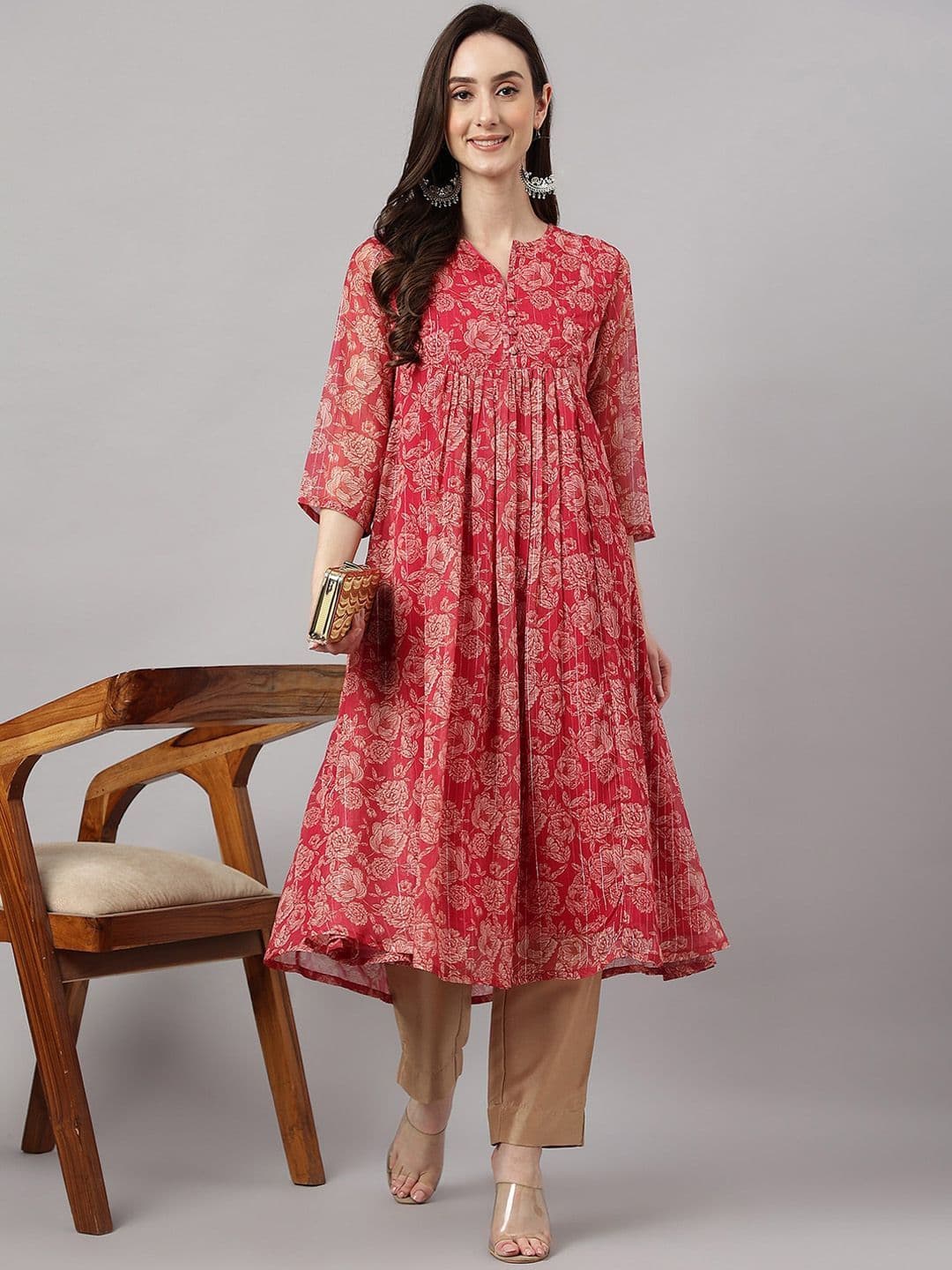 Janasya Women's Dark Pink Chiffon Lurex Floral Printed flared Kurta - view 1