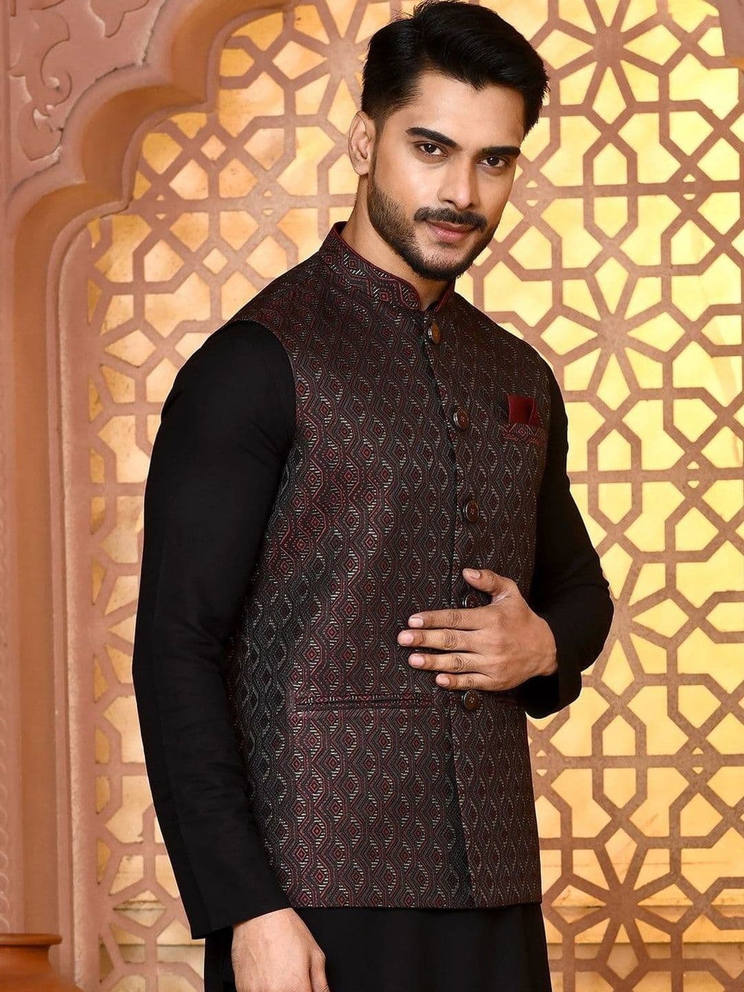 TRENDS OF ETHNIC Mandarin Collar Woven Nehru Jackets