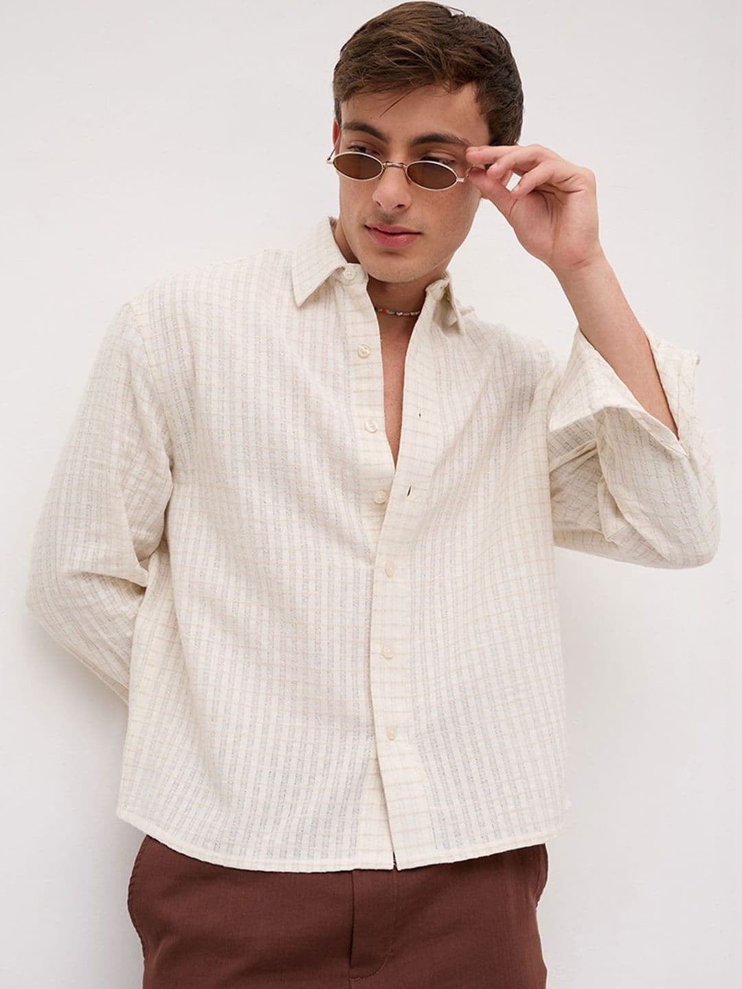 VASTRADO Dessert Loom Sheer Checks Boxy Fit Crop Shirt - view 1