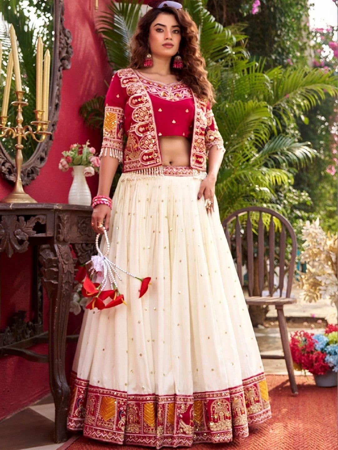 HERE&NOW Embroidered Thread Work Ready to Wear Lehenga & Blouse With Dupatta - view 1