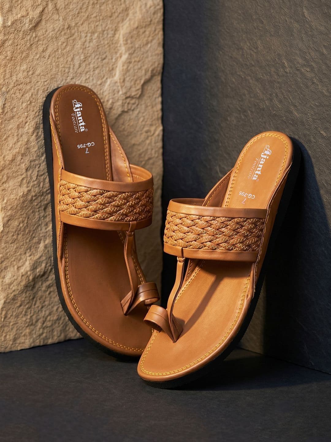 Ajanta Men Tan Brown One Toe Flats - view 1
