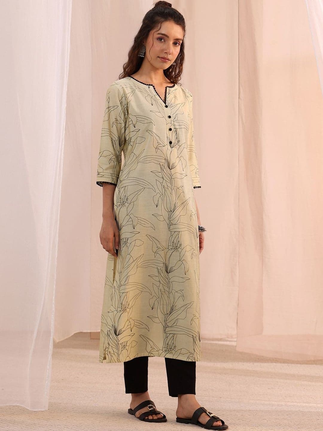 Libas Off White Floral Printed Silk Blend Straight Kurta - view 1