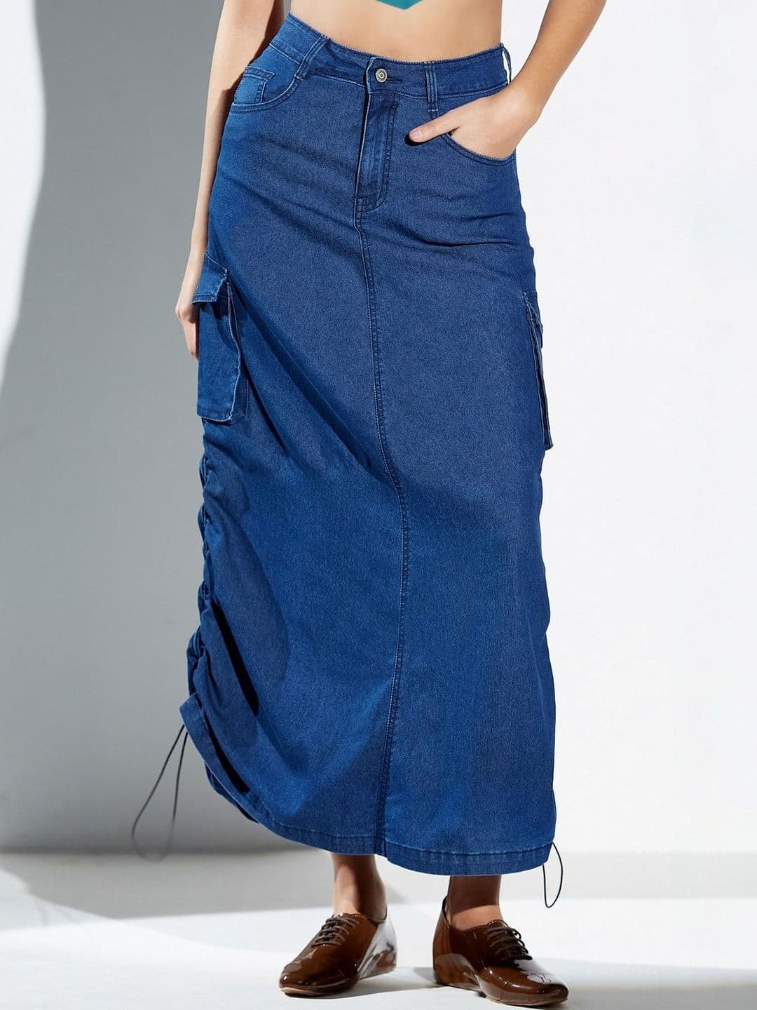 Miss Chase Women Baggy High Rise Ruched Parachute Stretchable Denim Midi Skirt - view 1