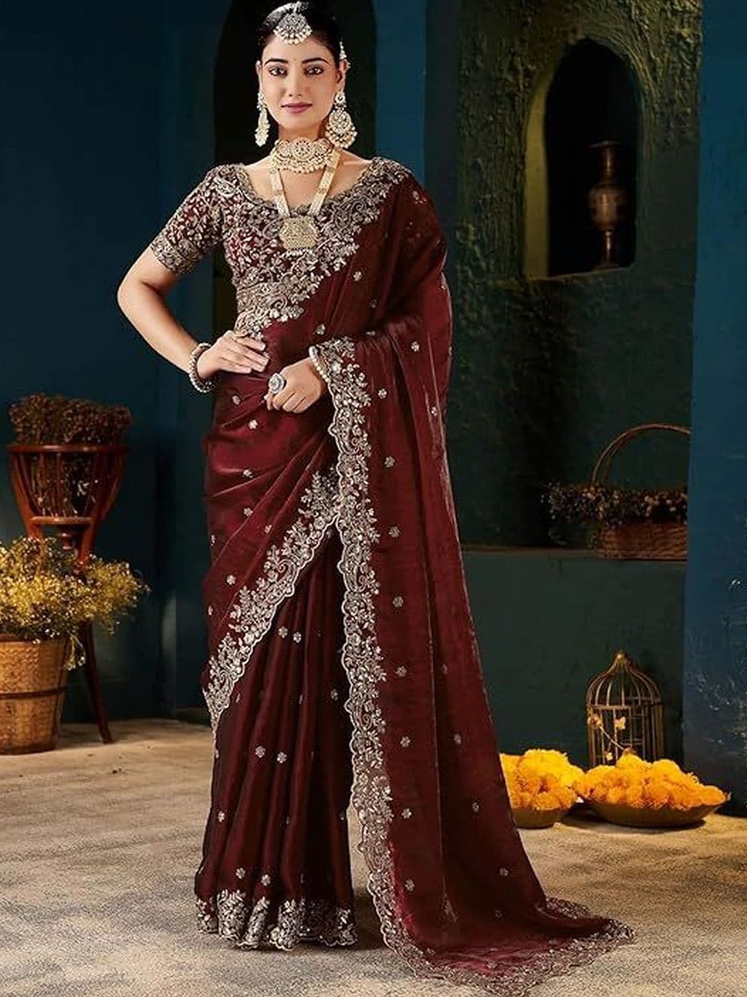 BRIGHT DESIGNS Embroidered Satin Designer Saree - view 1
