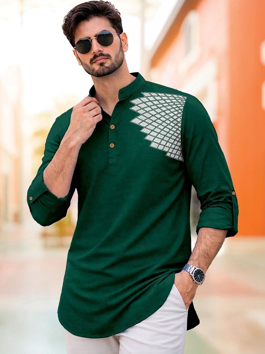 CLOTHING VEDA Men Geometric Printed Thread Work Kurta - view 1
