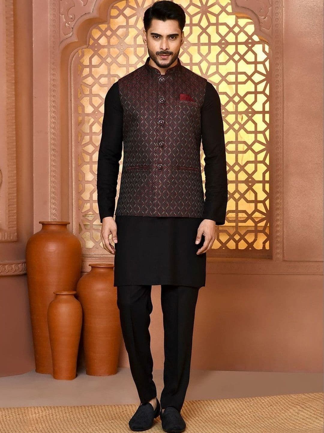 WANAS Woven Design Art Silk Woven Nehru Jackets