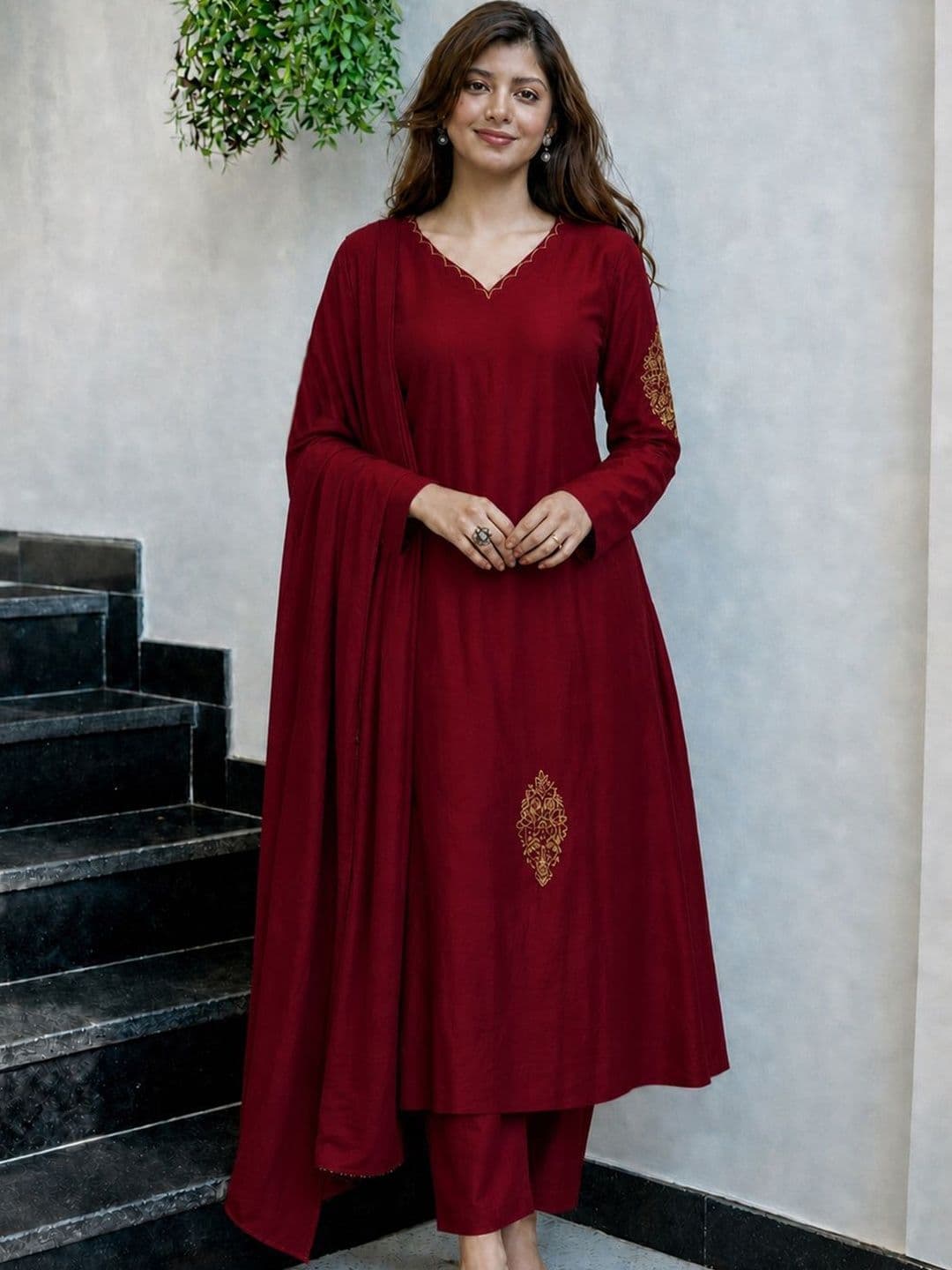 GoSriKi Women Ethnic Motifs Embroidered Regular Thread Work Kurta with Trousers & With Dupatta - view 1