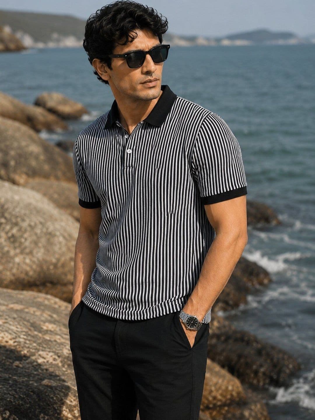Mast & Harbour Men Striped Polo Collar T-shirt - view 1