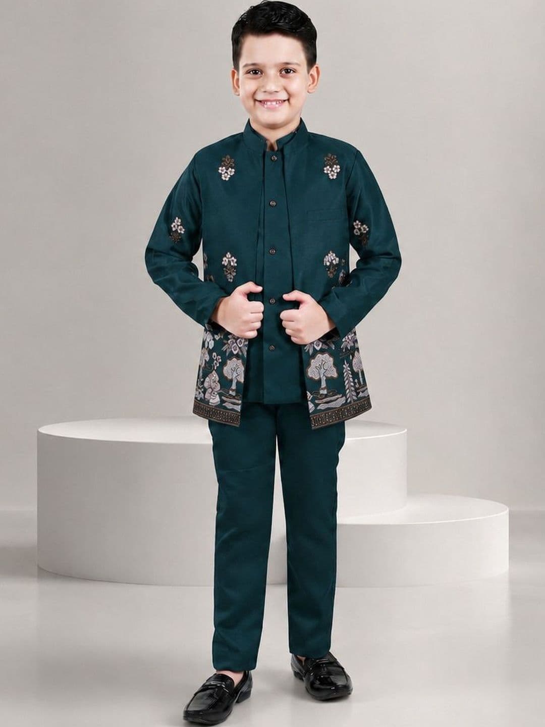 Sangria Boys Floral Embroidered Sequined Sherwani & Trouser Set With Shrug